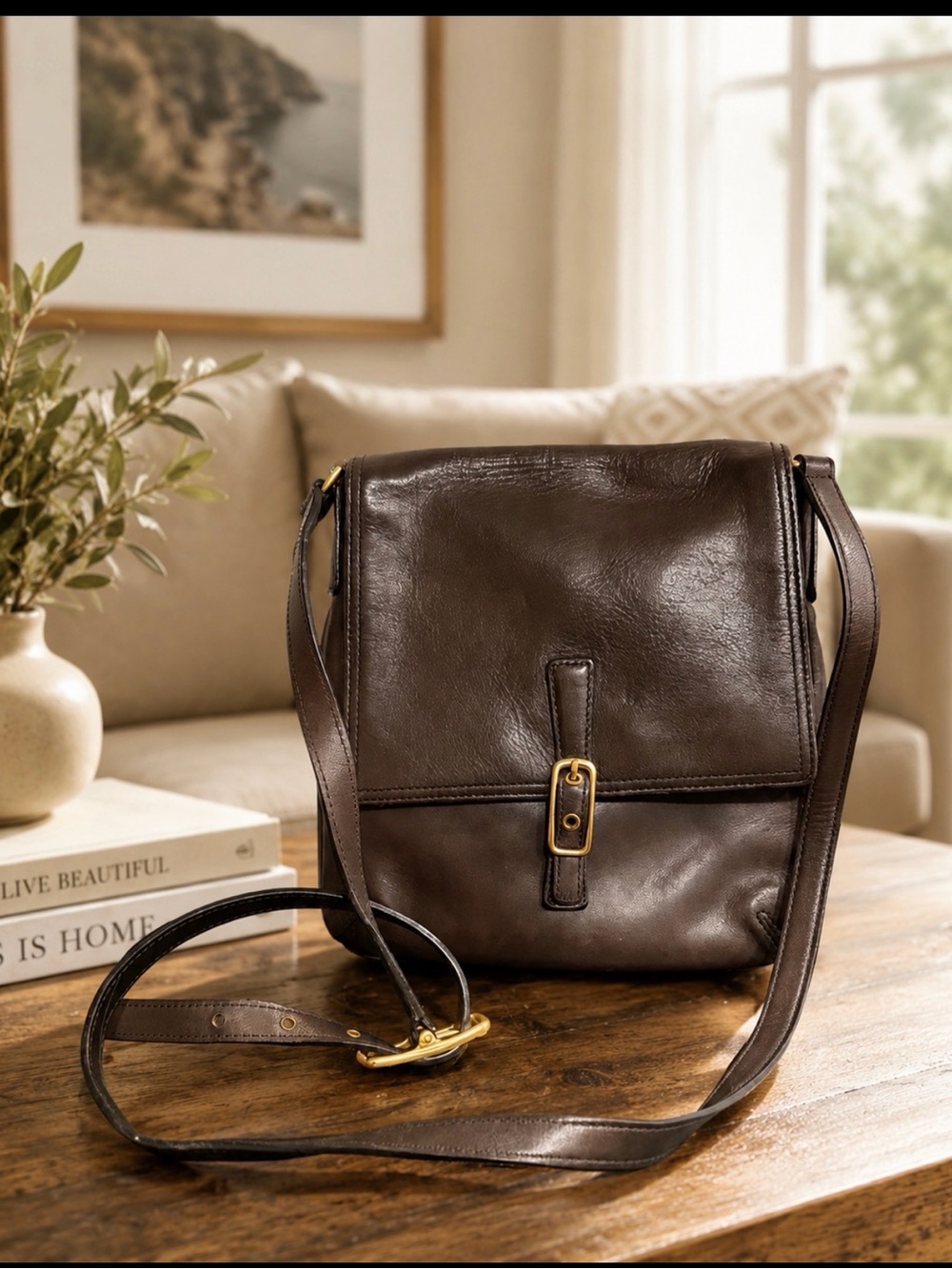 Coach vintage Dark Brown Leather slim Bag - Brass Accent 9592